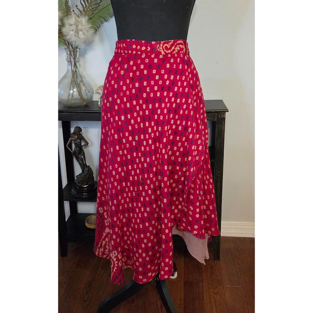 Vintage Boho Faux Wrap Muslin Skirt – Berry Red Print – Size Large